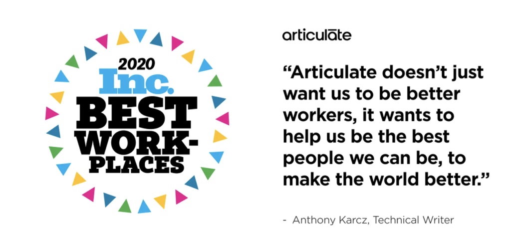 Articulate named 2020 Best Places to Work